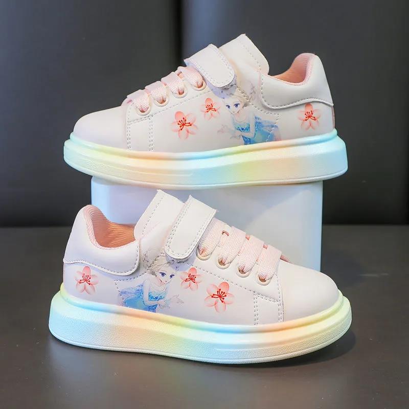 3-12 Years Old Children's Rainbow Shoes Autumn 2021 New Leather Waterproof Girls White Shoes Cartoon Princess Shoes