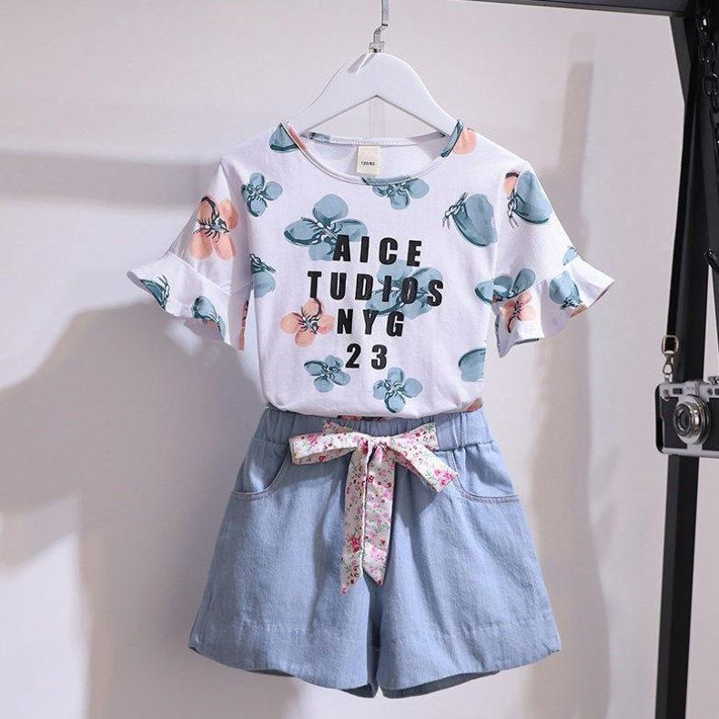 2PCS Children Clothing Set Spring Summer Girls Suits Printing Letter Short Sleeve Tops + Pants Clothing Set