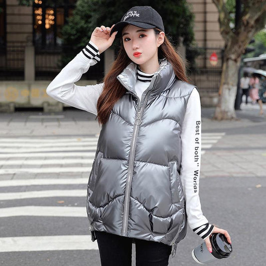 Glossy Stand-up Collar Hoodless Down Cotton Vest Women's Short Autumn and Winter Wear Thick Warm Jacket Loose Wild Vest Cotton Vest Vest