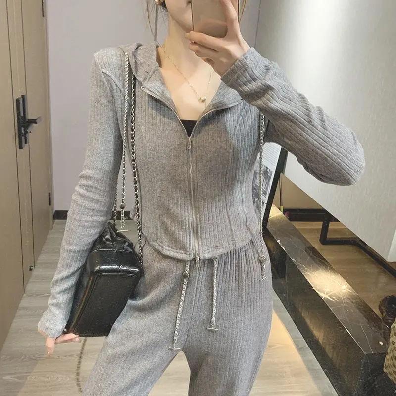 2PCS Women's Casual Sports Suit Long-sleeved Knitted Zipper Cardigan + Wide-leg Pants Two-piece Suit Ladies Slimming Fitness Suit Athletic Clothing