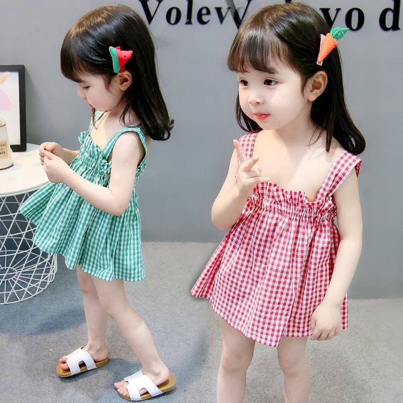 Children Dress Girls Summer Thin Sling Dress Plaid Sleeveless Back Cross Princess Dress Ruffle A-line Dress Suspender Dress