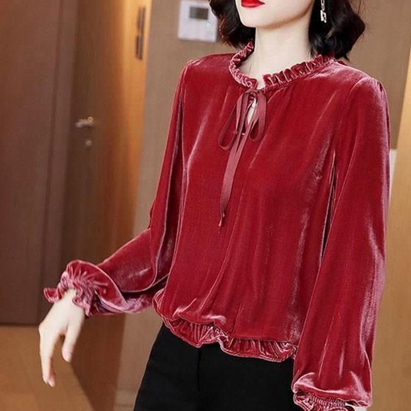 Autumn Spring Women Blouse Velvet Shirts Tops Vintage Long-sleeved Bow Ruffled Blouses Casual Loose Ladies Tops Female Clothes Pullover