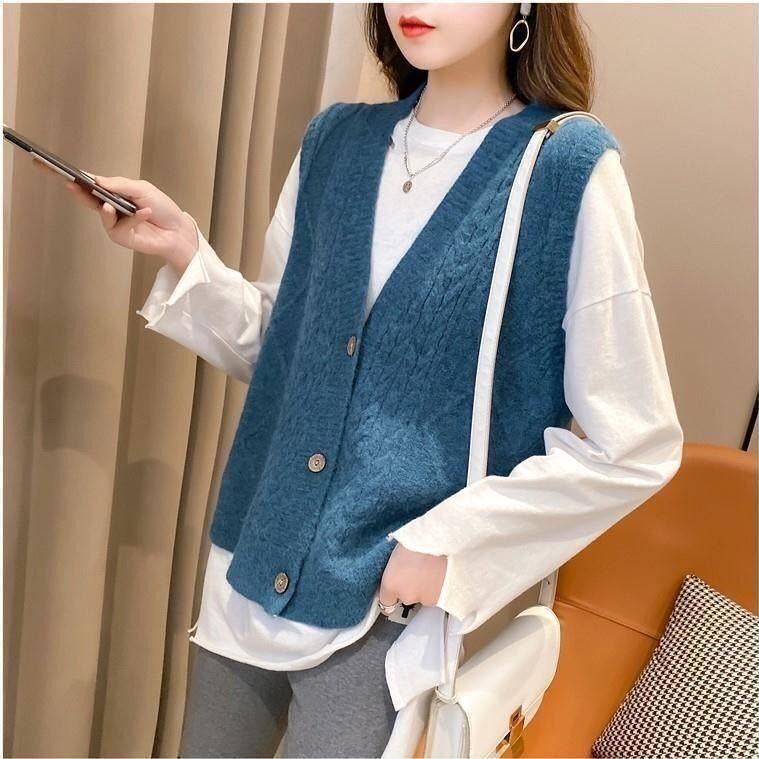 Autumn and Winter Solid Color Vest V-neck Knitted Waistcoat Loose Button Coat All-match