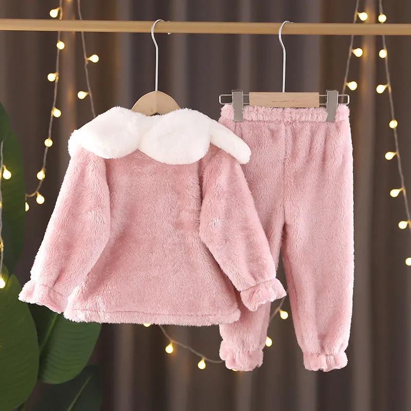 Autumn and Winter Children's Flannel Pajamas Girls Coral Velvet Cute Super Cute Set Baby Middle and Big Children's Girls' Home Clothes