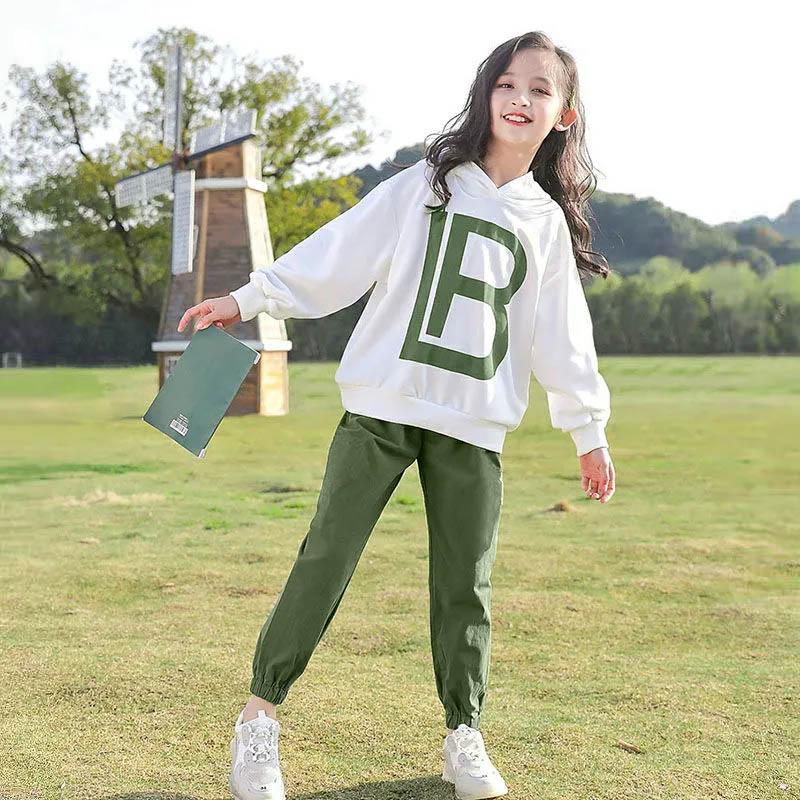 Girls Sports Set Spring and Autumn Hooded Pullover Long-sleeved Sweater Letter Printing Loose Trousers Casual Two-piece Set