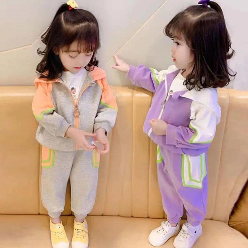 Girls' Suits Spring and Autumn Girls' Baby Sports Suits Children's Hooded Two-piece Casual Suits Loose Stitching Sets