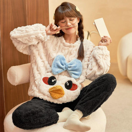 Women Cartoon Cute Pajamas Thick Warm Sleepwear Girls Home Nightwear Set Velvet Soft Crew Neck Pullover Top and Pants Suit