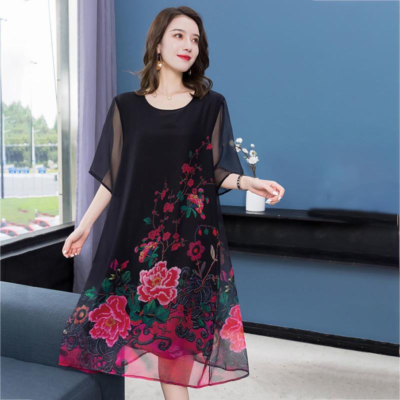 XL-XXXXXXL Women's Summer Dress Middle-aged Mother Chiffon Veil Short Sleeve Round Neck Large Size Over The Knee Daily Wear