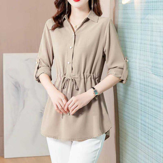 Shirt Women's Spring and Autumn Large Size Long-sleeved Waist Top Mid-length Solid Color Shirt