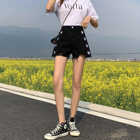 WTEMPO Women High Waist Embroidery Heart-shaped Washed Denim Summer  Shorts Jeans  Casual Shorts