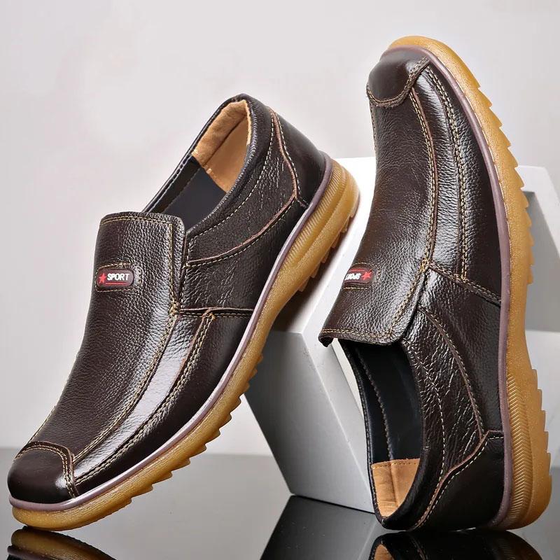 Men's Shoes Genuine Leather Tendon Sole Leather Shoes Spring Men's Casual Shoes Leather Handmade Shoes Middle-aged and Elderly Dad Shoes