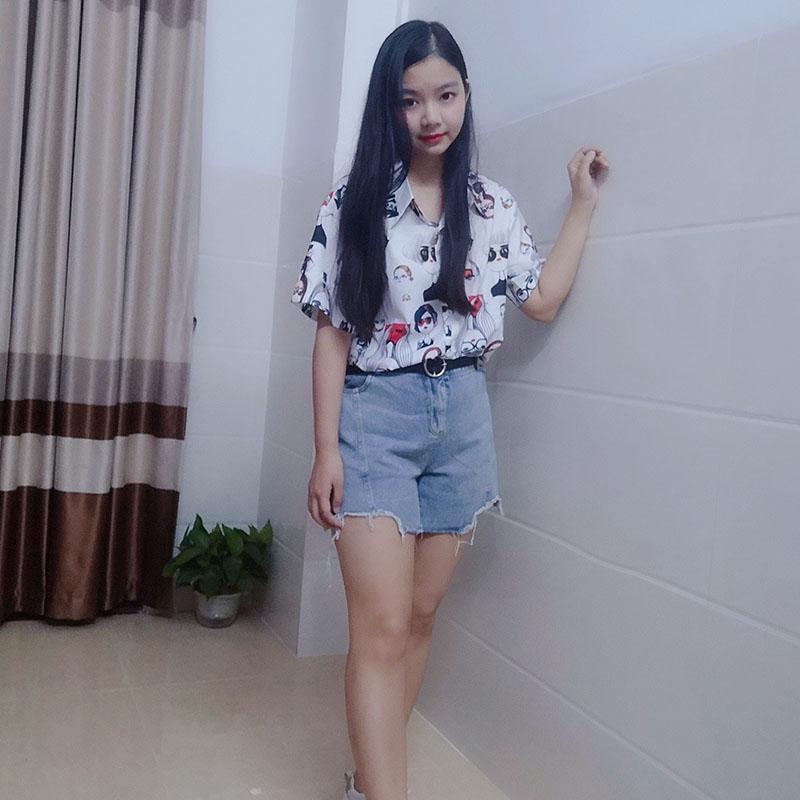 Women Summer Short Set Printed Short Sleeve Shirt and High-waist  Denim Shorts Two-piece Set Plus Size Outfits