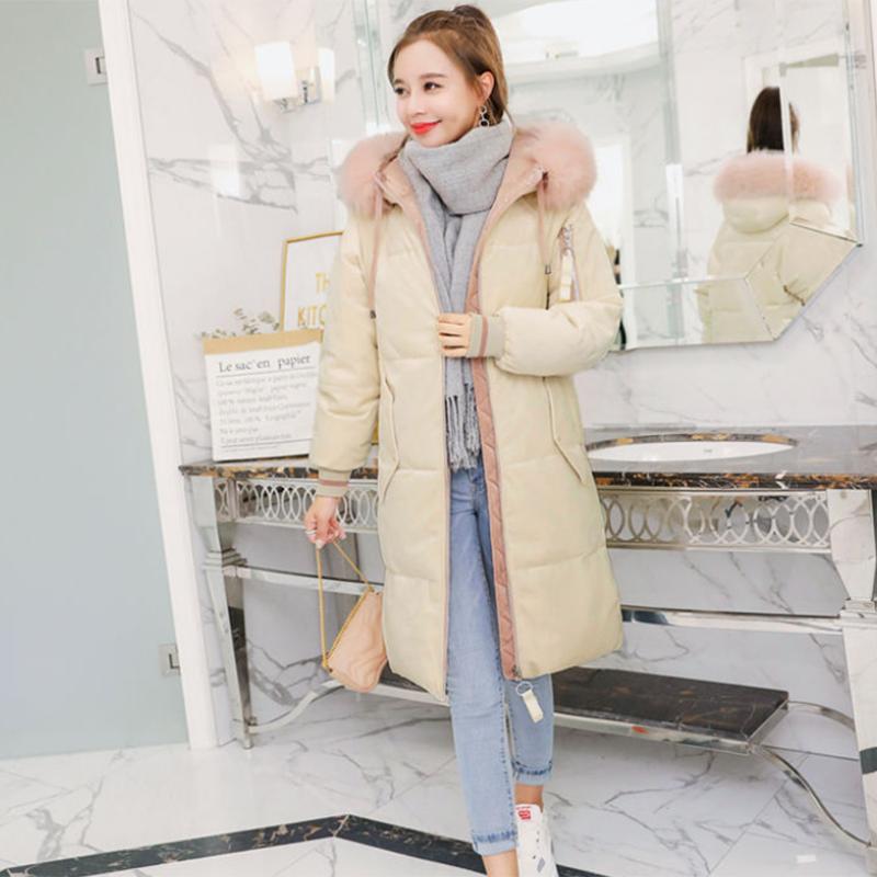 Women's Solid Color Down Jacket Mid-length Korean Loose Thick Coat Warm Cotton Coat Big Fur Collar Winter Clothes Quilted Coat