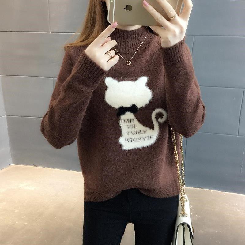 Autumn and Winter Thick Sweater Fashion Loose Knit Top Half High Collar Youth Female Jacket