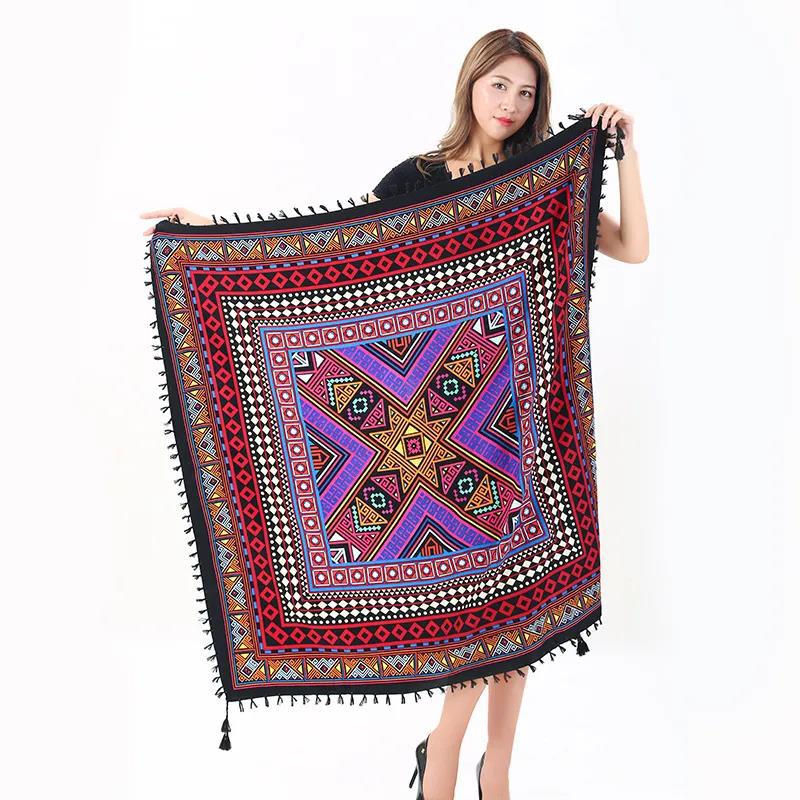 Women's ethnic style warm huge square scarf cotton printed fringed scarf Bohemian Muslim windproof travel shawl Multifunctional turban shawl 110x110cm