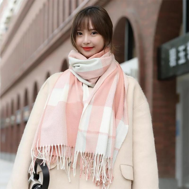 Korean Version of The Cute Japanese Scarf Winter Warm Scarf Check Temperament Cashmere-proof Length Scarfs