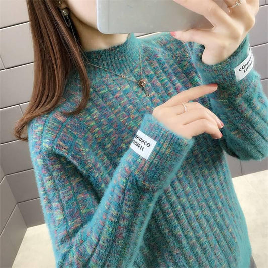 Autumn and Winter Half High Neck Mohair Base Shirt Thick Loose Pullover Young Women Wear Tops Inside and Outside