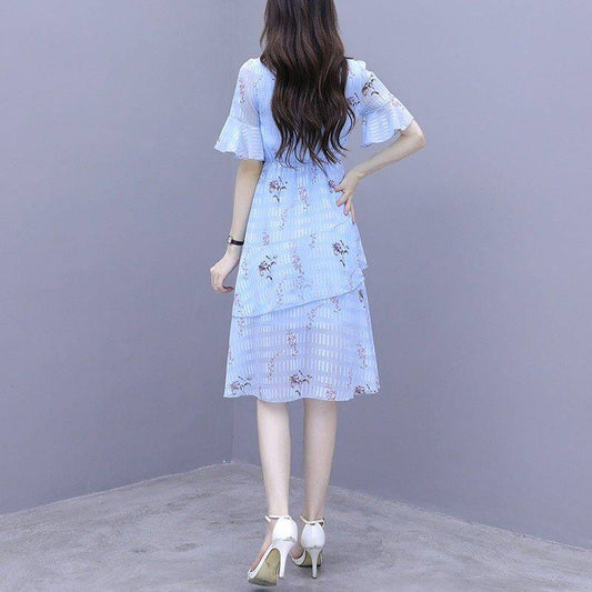 Chiffon Mid-length Dress French Skirt Sweet Knee-length Mid-length Dress A-line Version Waist Slimming Large Skirt Fabric Light and Breathable