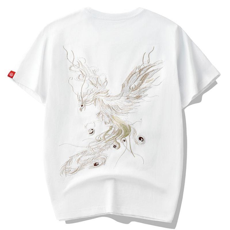 Pure Cotton Half-sleeved Trend Loose Short-sleeved T-shirt Men's Phoenix Embroidery T-shirt