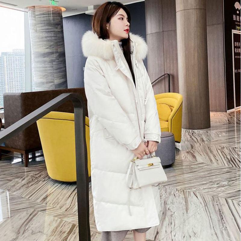 Ladies Down Jacket Winter Fashion Big Fur Collar Hooded Jacket Thick and Cotton Warm Mid-length Jacket