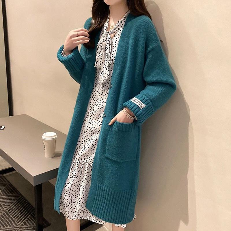 Autumn and Winter Casual Mid-length Sweater Loose Long-sleeved Pocket Cardigan