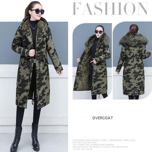 Female Camouflage Parka Coat  Winter Long Cotton-padded Jacket Flocking Hooded Cotton-padded Jacket Winter Print Overcoat