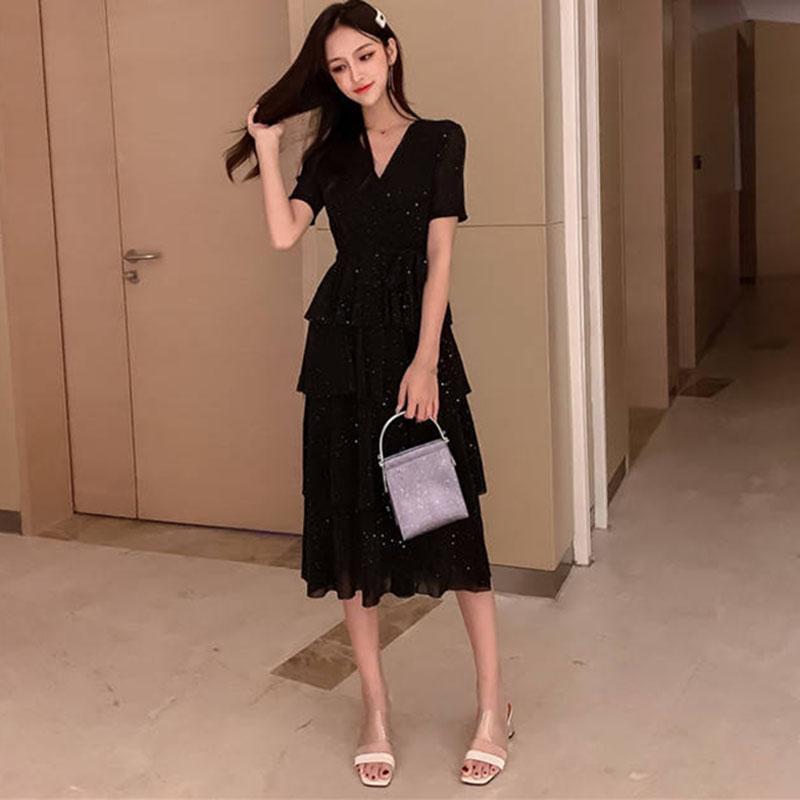 Pofulove V-neck Mesh Dress Female Summer Sequins Multilayer Skirt Loose Long Dress for Party Evening