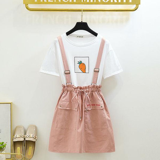 Pofulove Skirt Suit Women Printed T-shirt Strap Skirt Two-piece Loose Strap Skirt Summer T-shirt Set