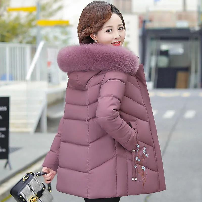 Winter Down Cotton Jacket Fashion Fur Collar Hooded Mid-length Jacket Thick Warm Cotton Jacket Suitable for Middle-aged Women