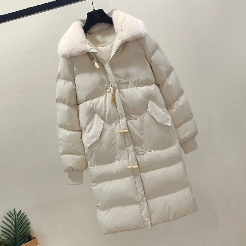 Autumn and Winter Horn Button Cotton Jacket Women's Mid-length Slim Down Jacket with Fleece Collar Winter Warmth Thick Cotton Jacket