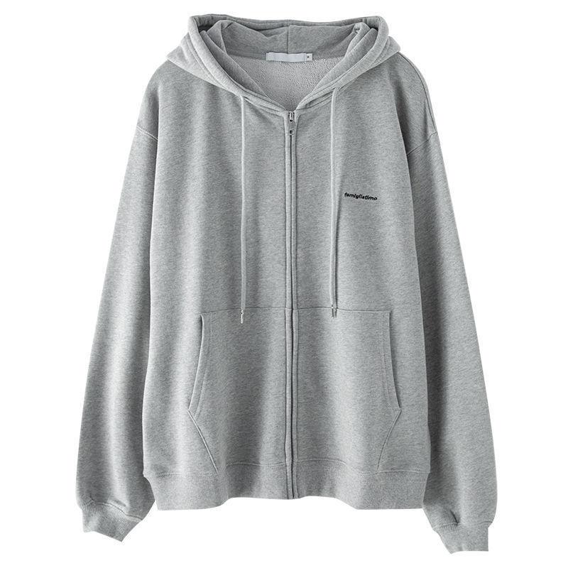 Spring and Autumn Gray Hooded Cardigan Sweater Women Korean Sports Loose All-match Casual Jacket