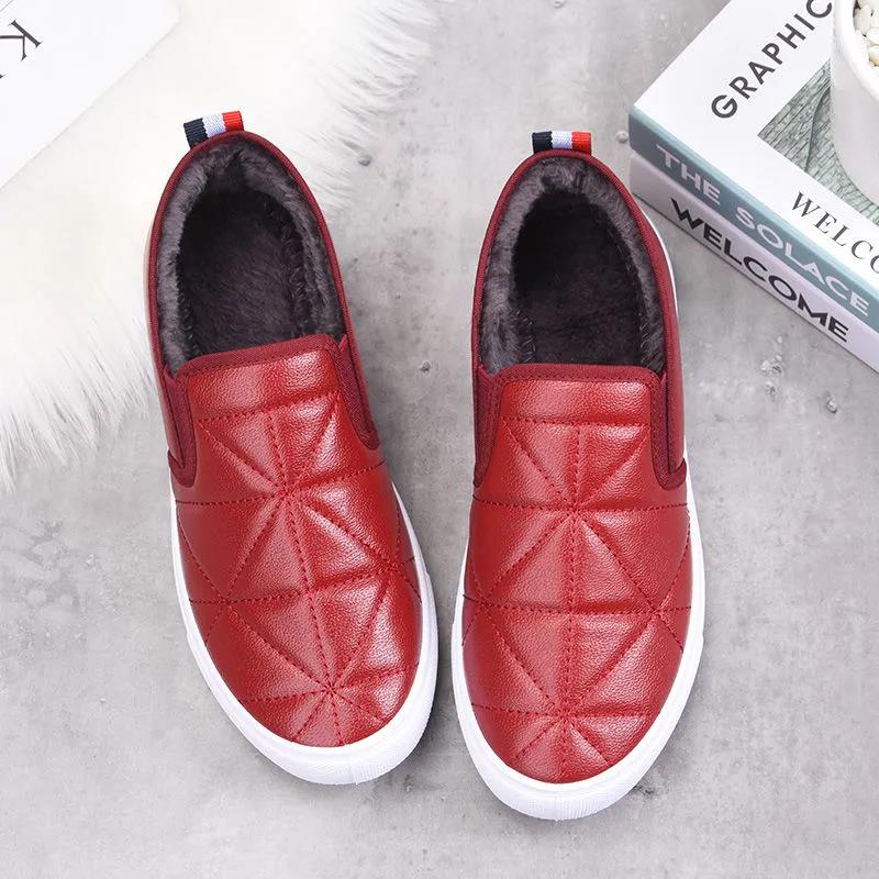 Female Winter Plush Thickened Flat Bottomed Cotton Shoes Women's Solid Color Leather Waterproof Casual Shoes