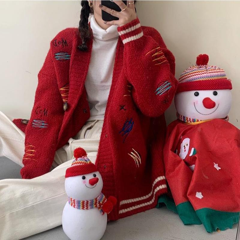 Casual Knitted Cardigan Women's Autumn   Winter Long Loose  Thick Student Embroidery Sweater Coat Fashion