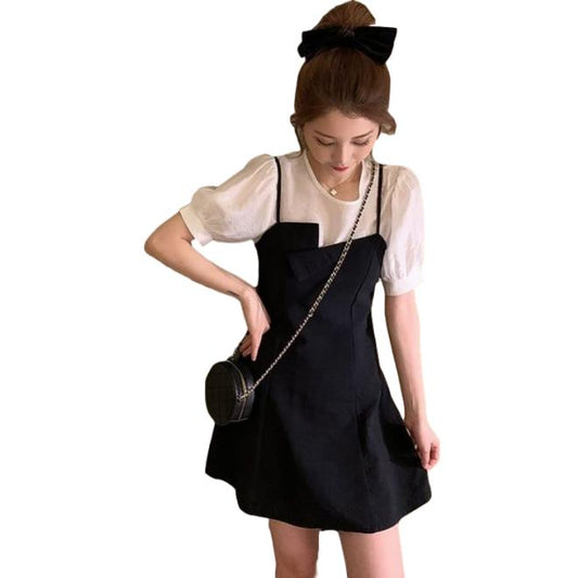 Two Piece White Shirt with Suspender Dress for Women's Simple and Elegant Summer Dress Suit