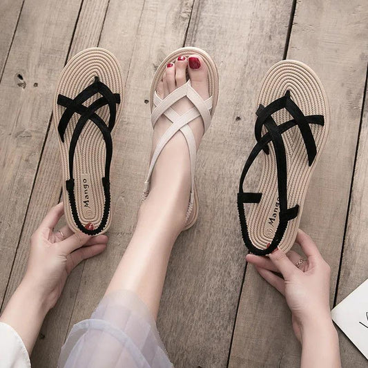 Women's Sandals Summer Wear All-match Flat-bottom Flip Flops Roman Sandals Women's Bohemian Elastic Band Sandals