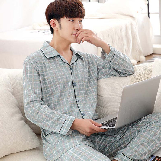 Autumn and Winter Thick Cotton Long-sleeved Pajamas Men's Three-layer Warm Sandwich Home Service Suit