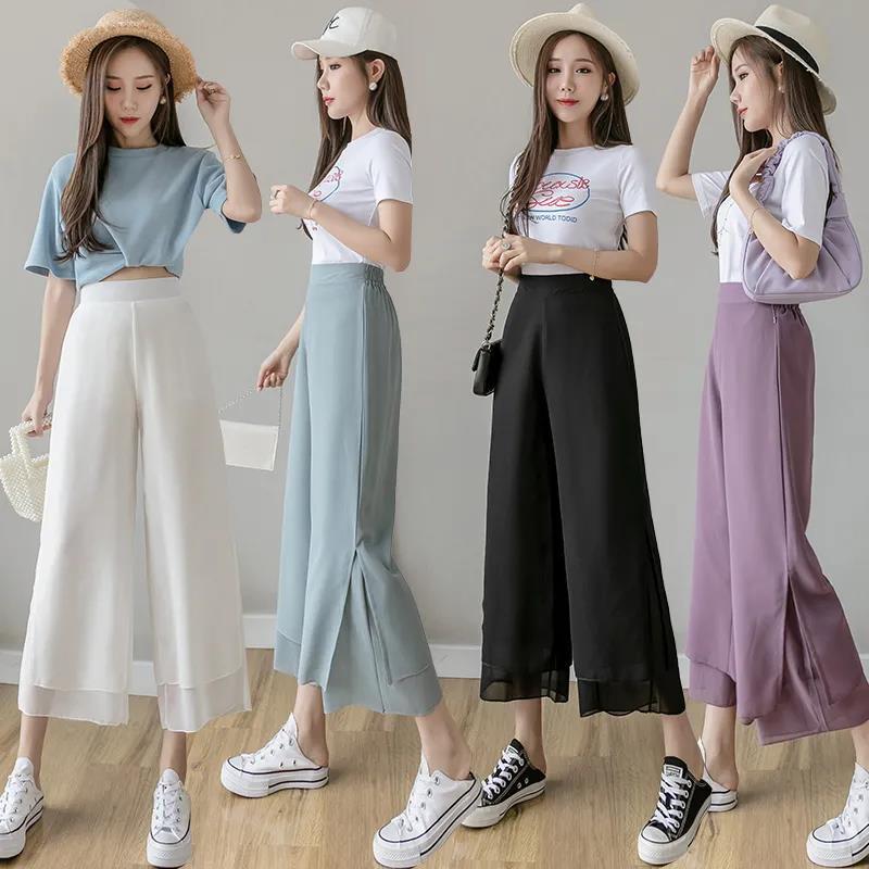 WTEMPO Solid Color Chiffon Wide-leg Pants Women Ruffle Loose High Waist Ankle-Length Pants Trousers Cool and Breathable