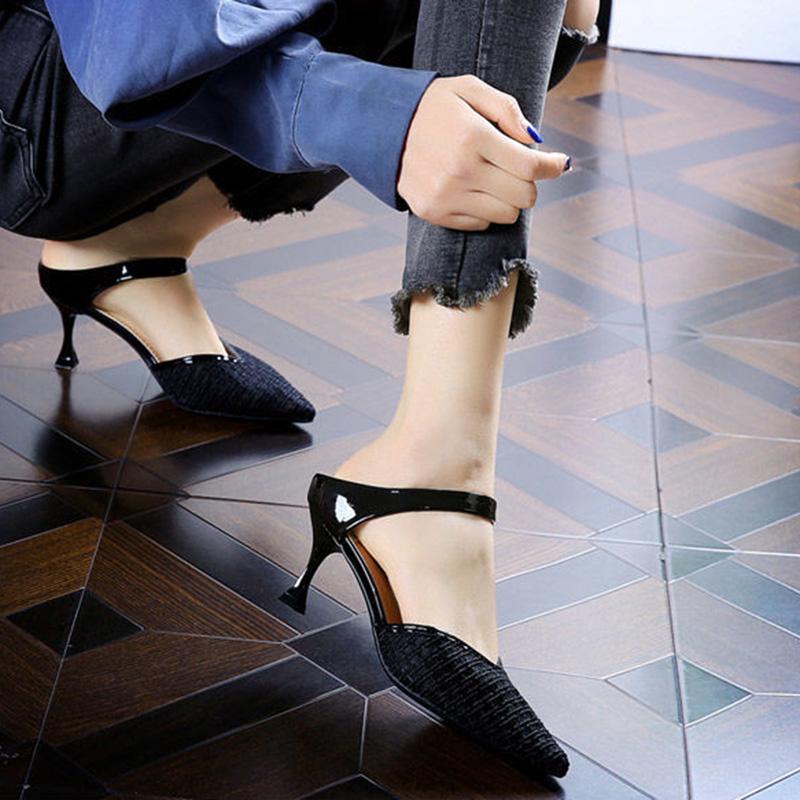 Korean Version of Baotou Mid-heel Breathable Mesh Fairy Sandals Pointed Toe Stiletto High Heels Women Slippers