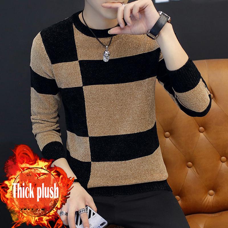 2019 Autumn Winter Warm Pullovers Knitted Striped Male Sweater Men Dress Thick Mens Sweaters Jersey