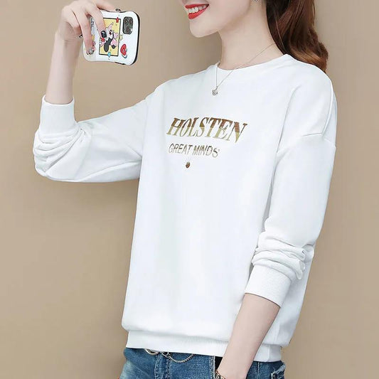 Cotton Spring and Autumn Women's Round Neck Loose Sweater Fashion All-match Bottoming Shirt Long-sleeved Top