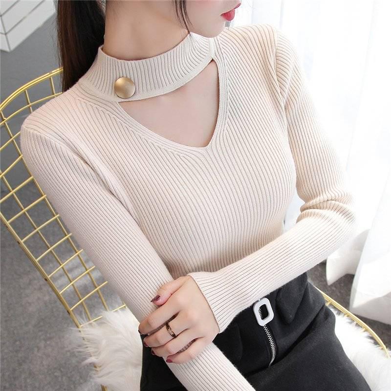 V-Neck Winter Pullover and Sweater Women Knitted Long Sleeves Sweater Thick Warm Femme Jumper