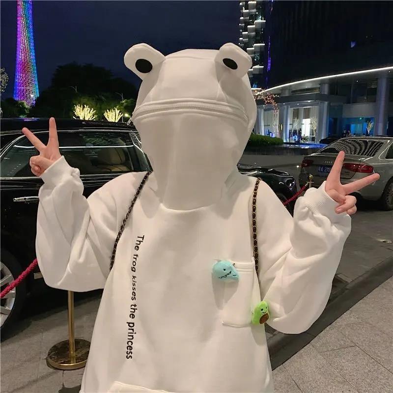 Autumn and Winter Cartoon Frog Head Hooded Sweater Female Design Sense Student Class Tops