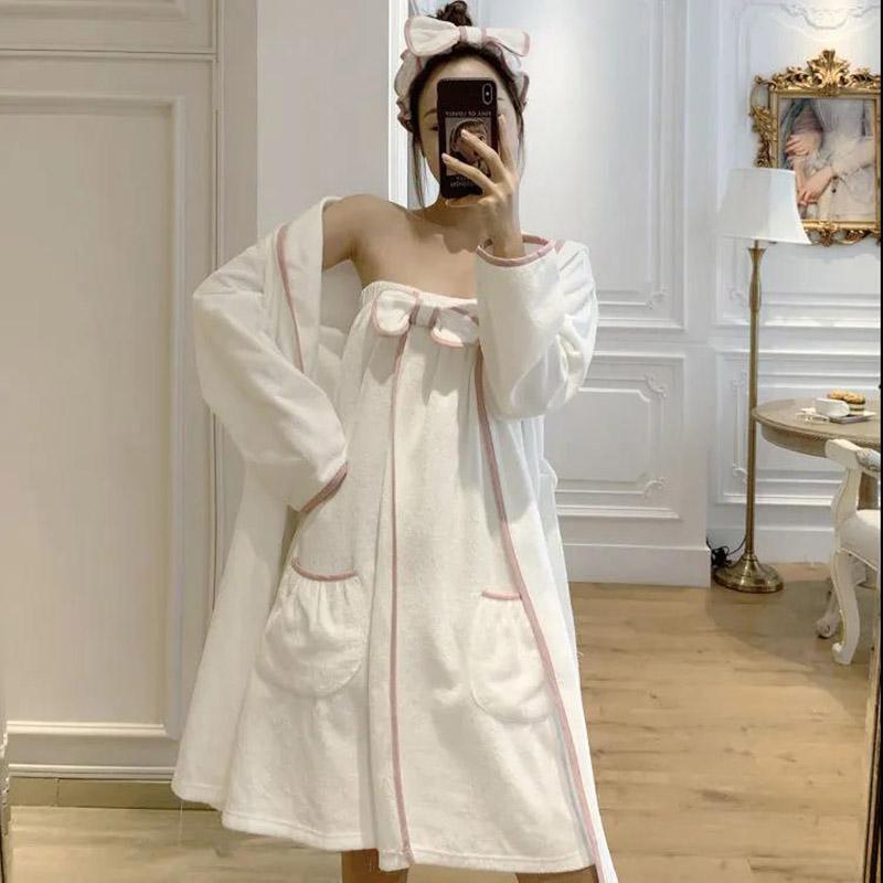 Pure Cotton Bath Towel Female Night Gown Bath Skirt Breast-wrapped Adult Bathrobe Korean Version Cute Student Four-piece Suit