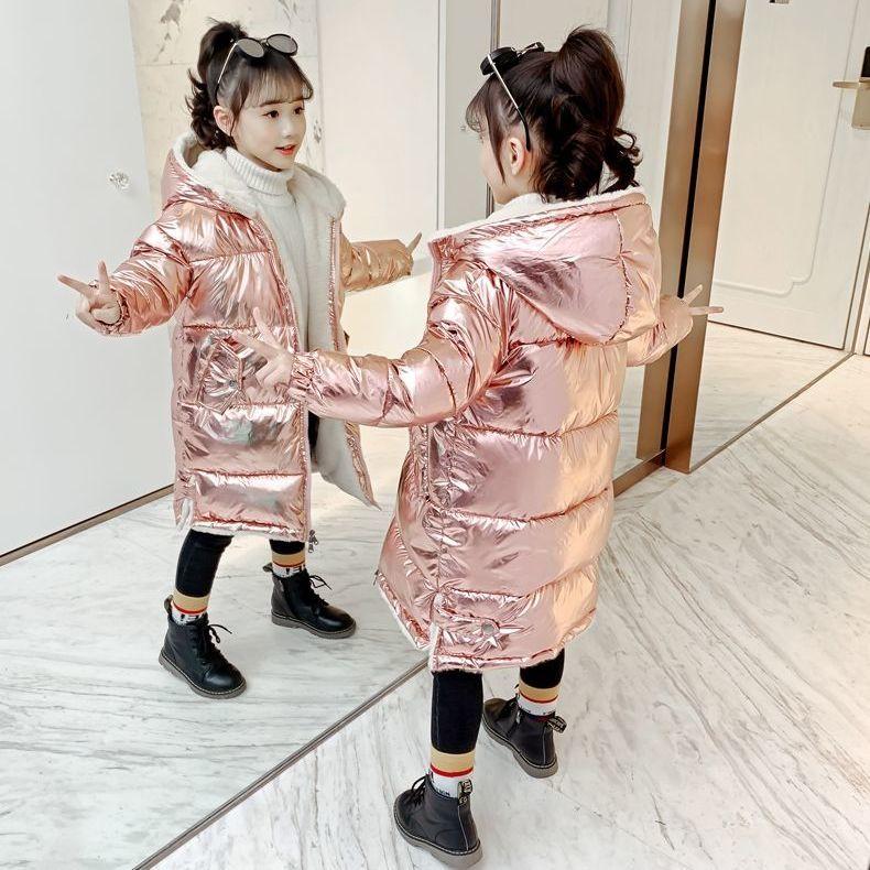 Girls' Cotton-padded Coat Winter Long Children Parka Jacket Kids Plus Velvet Warm Shiny Hooded Parka Coat