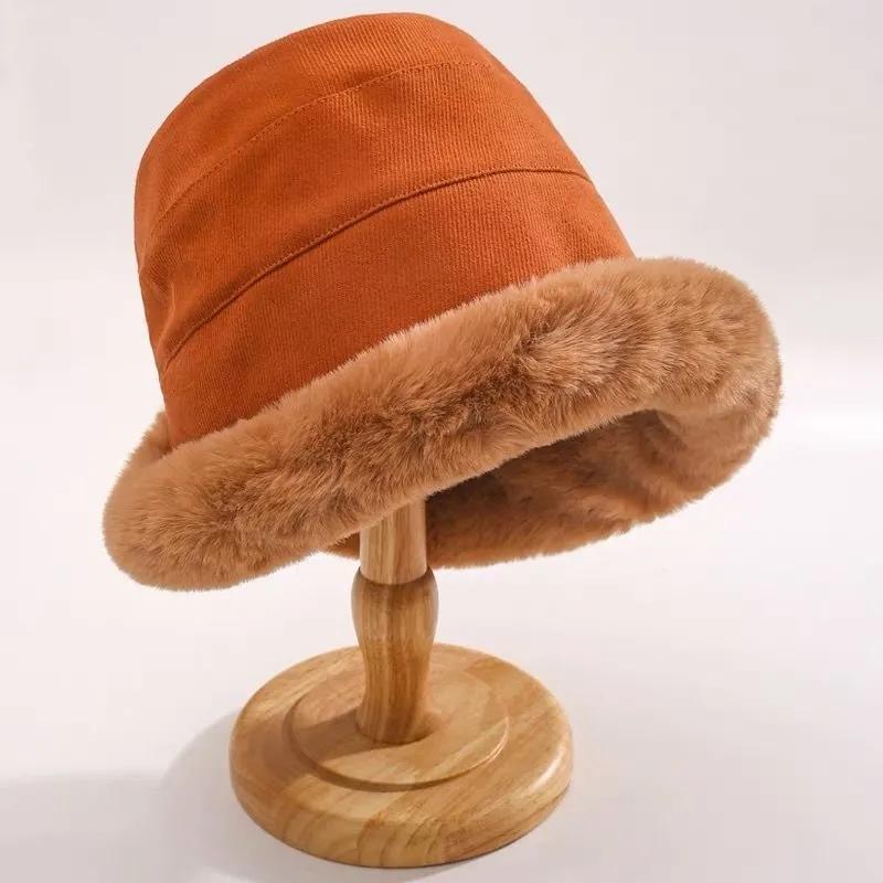 Women's Autumn and Winter Thick Plush Warm Fisherman Hat Cold Proof Windproof Ear Cup Hat Winter Curled Big Head Hat Fluffy Plush Top Cap Basin Hat