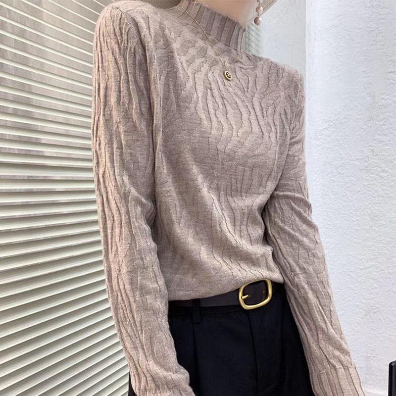 Autumn Winter Women Stretch Pleated Slim Knit Sweater All-match Thin Bottoming Shirt Top High Neck Pullover Jumper