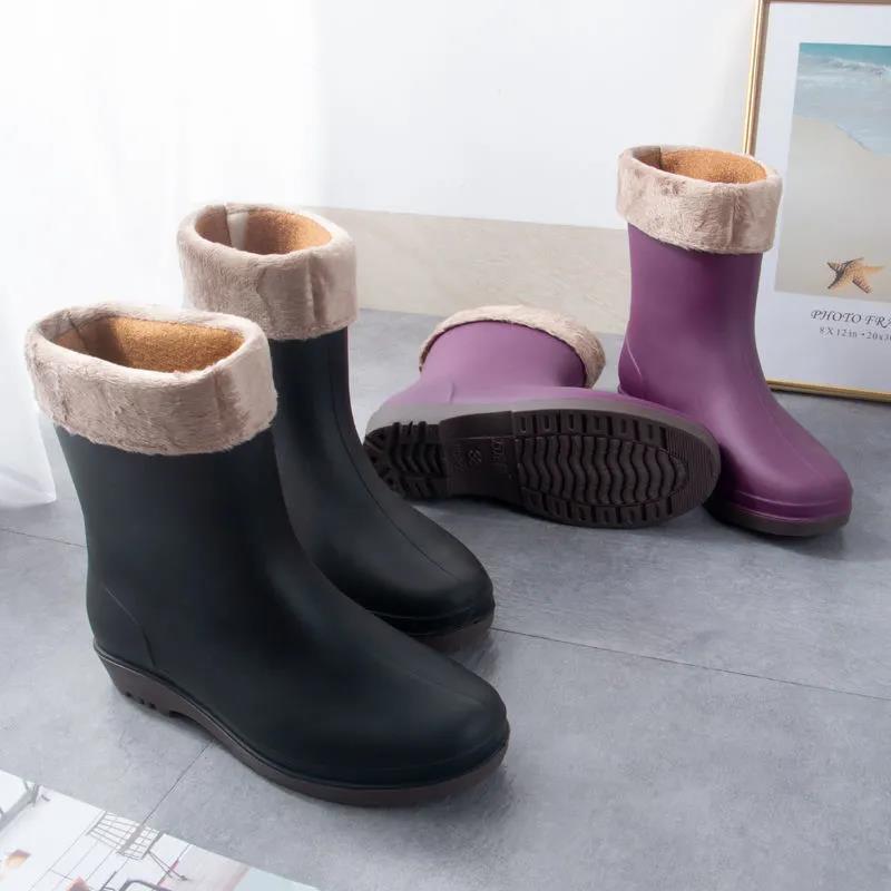 Female Autumn and Winter Rain Boots Adult Mid-tube Rain Boots   Rubber Shoes Non-slip Plus Velvet Cotton Warm Waterproof Shoes