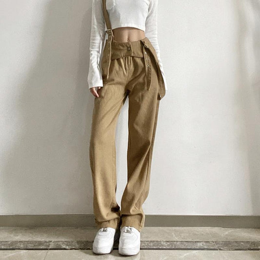 Women's Overalls Spring Street Fashion Slim Waist Straps Straight Trousers