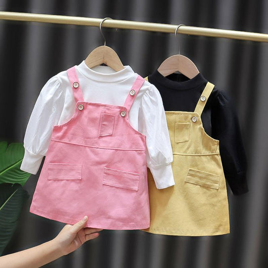 2PCS Children Clothing Set Spring Summer Girls Suits Printing Long Sleeve Tops + Suspender Skirt Clothing Set