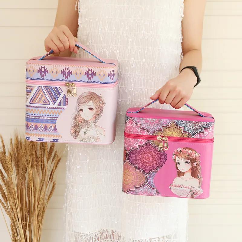 Two-layer Cosmetic Bag Multi-functional Cute Girl Heart Portable Cosmetic Storage Box Large-capacity Cosmetic Box